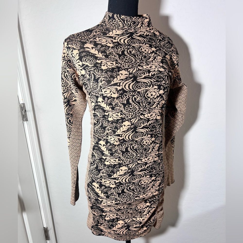 🛍️ Zara Black beige Patterned fitted ruched midi sweater Dress size medium large - Picture 8 of 13